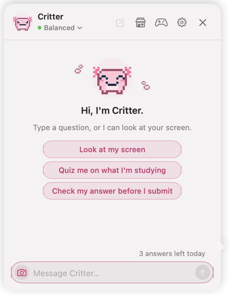 CritterPal's chat window saying hi and offering to look at the screen