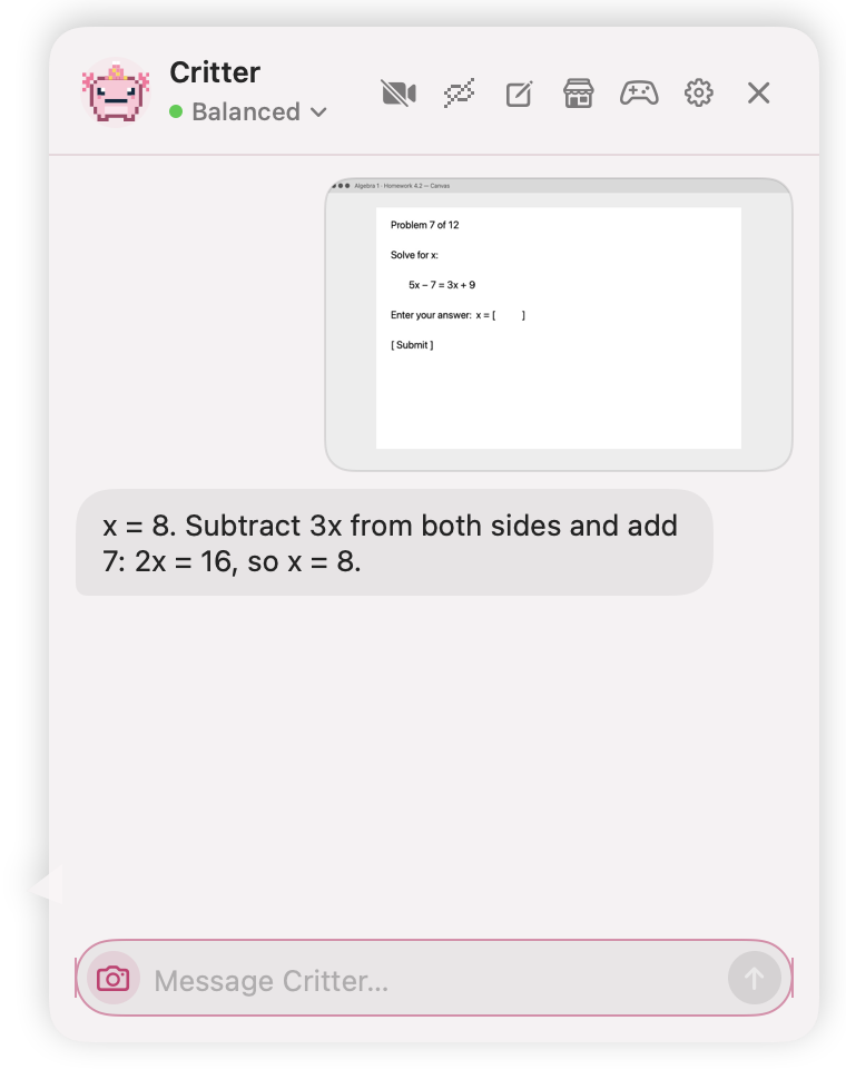 CritterPal's chat with a screenshot of an algebra problem, answering x = 8 with the steps