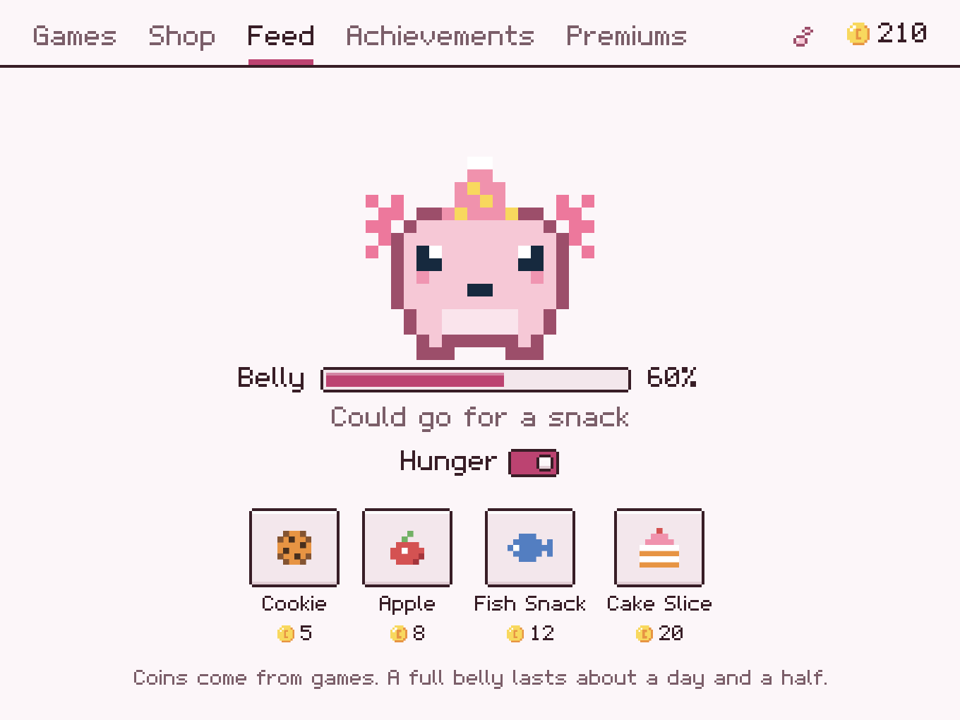 Feeding: the belly meter at 60 percent and four snacks with coin prices