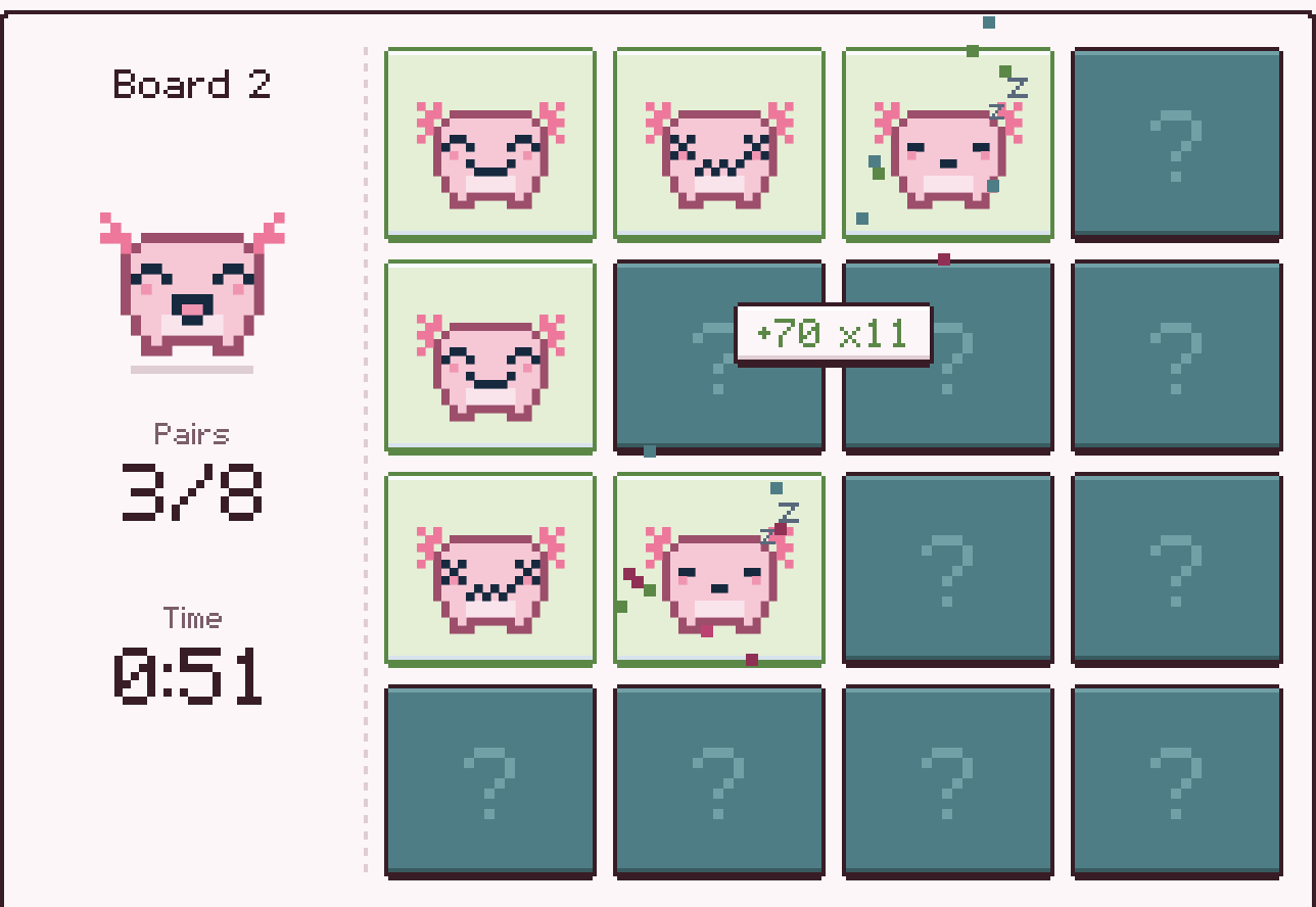 Memory Match: a board of face-down cards with critter faces