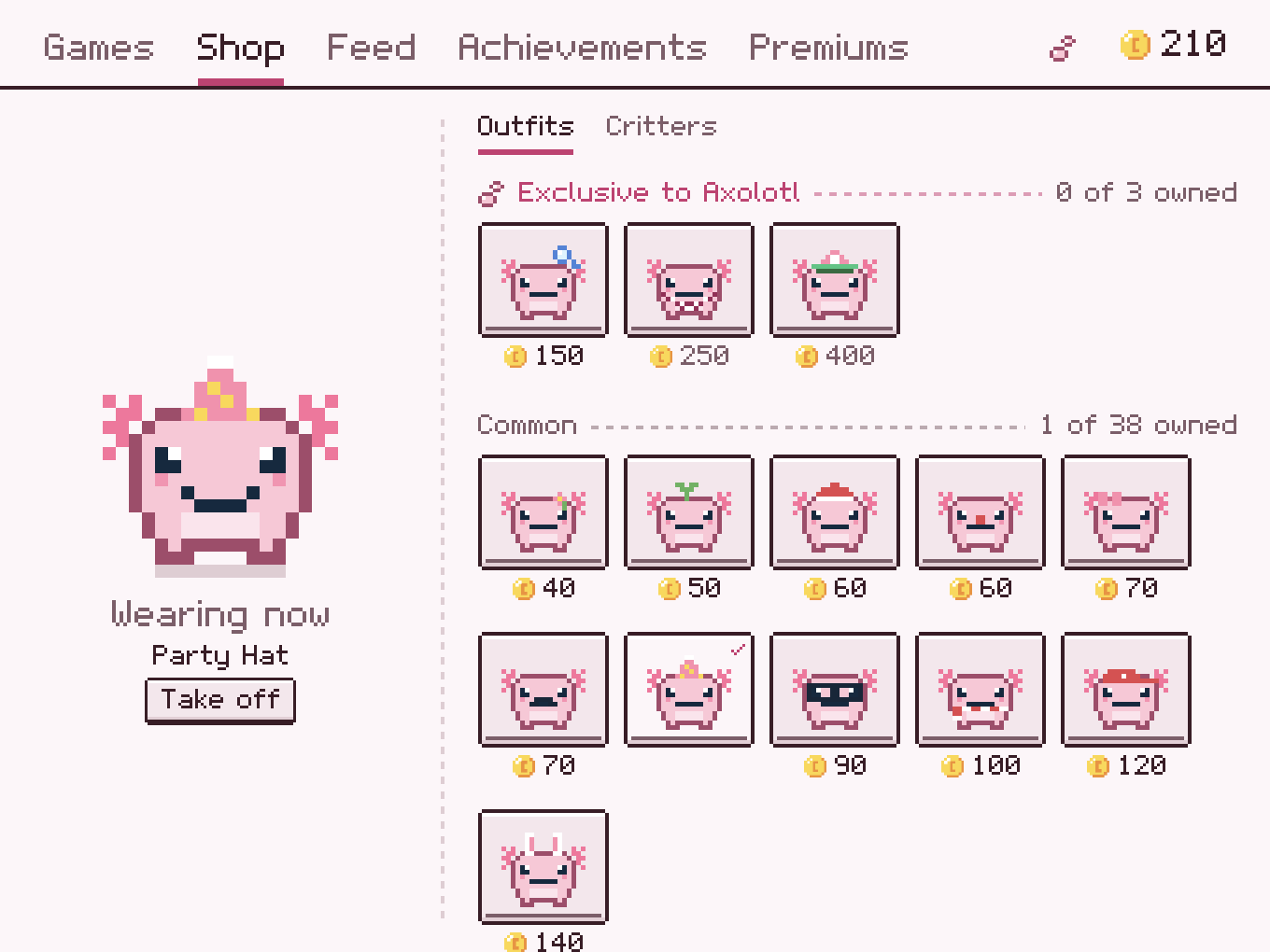 The outfit shop: rows of hats and accessories with coin prices