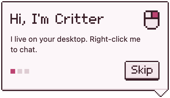CritterPal saying hi on a Mac desktop
