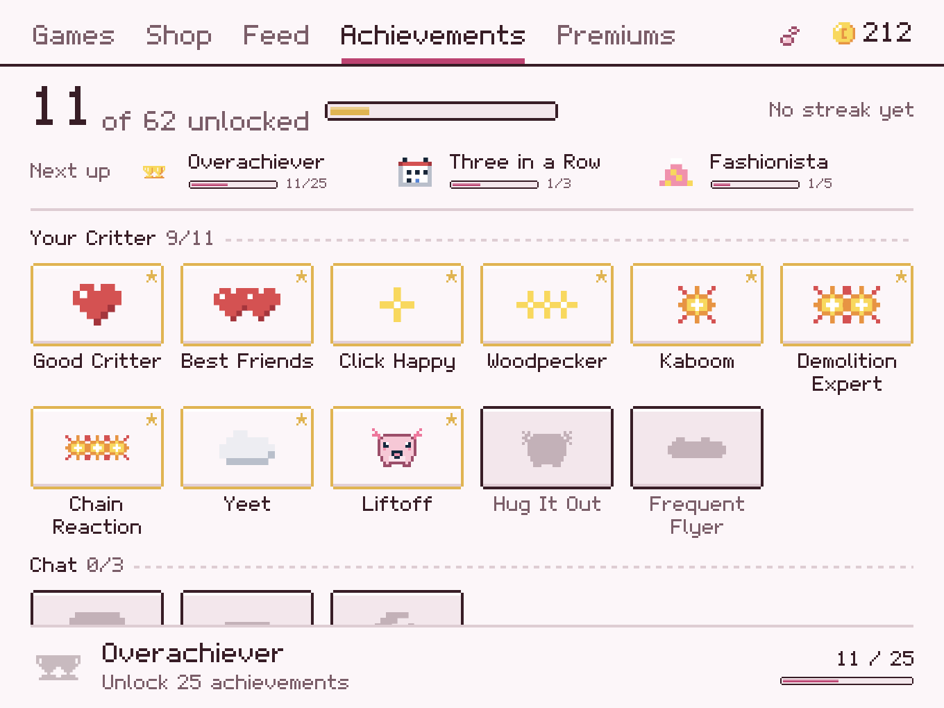 Achievements: pixel trophies for pats, flings and explosions
